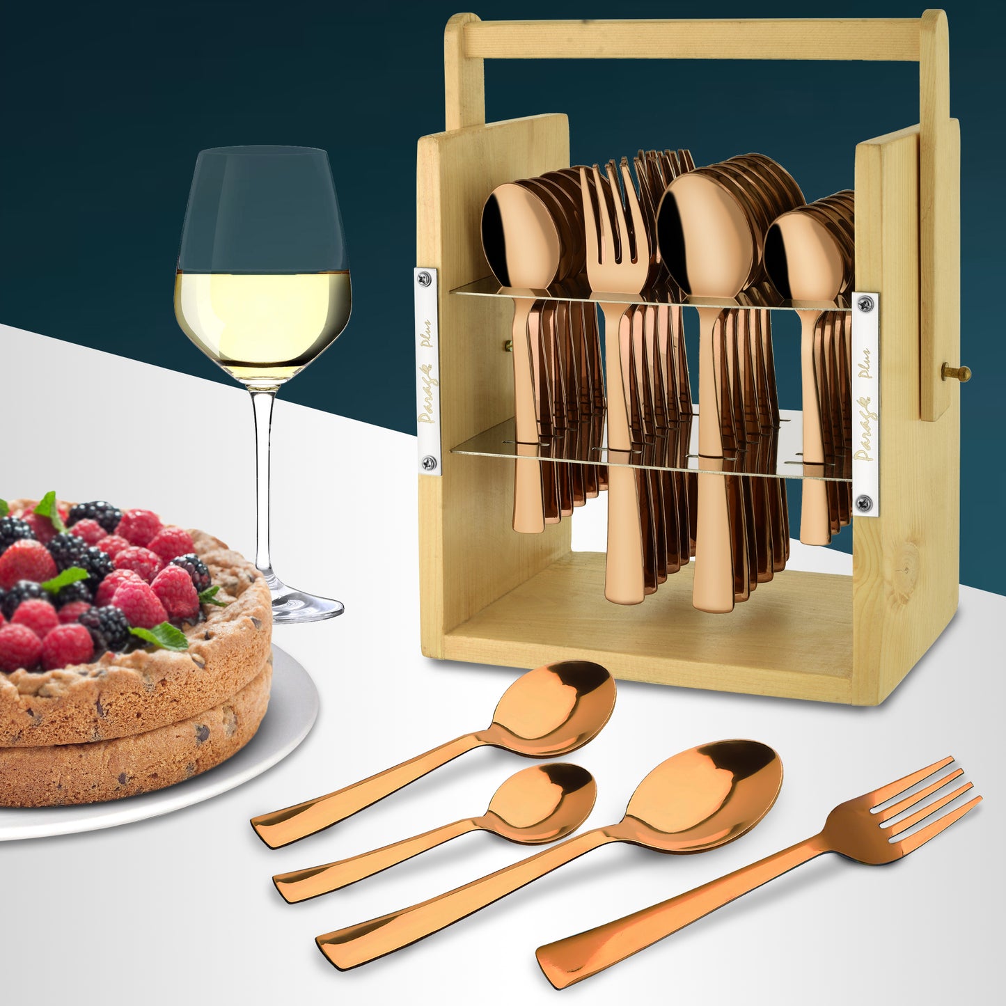 25-Piece Stainless Steel Cutlery Set with Wooden Stand, Premium Rose Gold Spoon Set