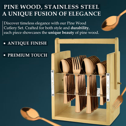 25-Piece Stainless Steel Cutlery Set with Wooden Stand, Premium Rose Gold Spoon Set