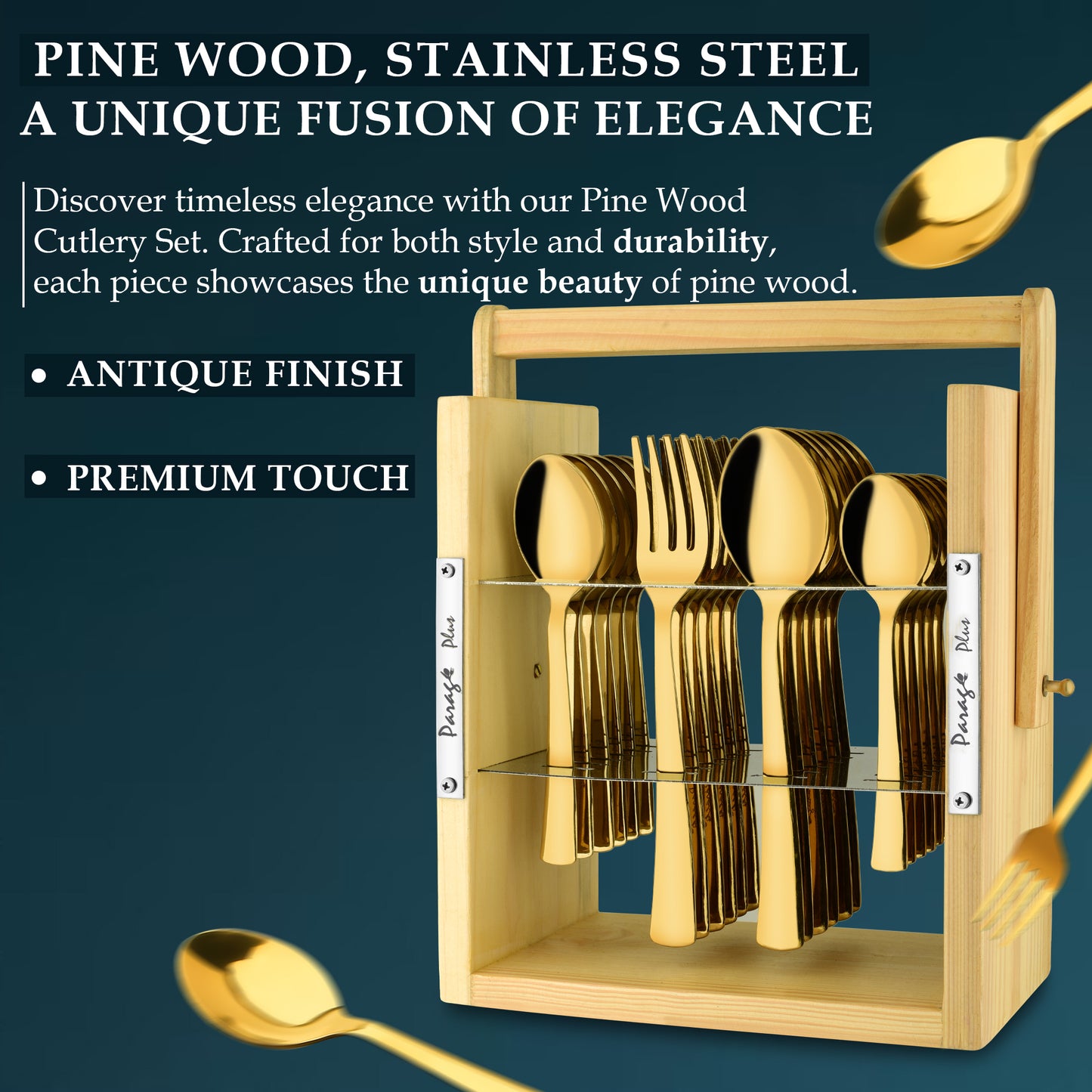 25-Piece Moonpress Stainless Steel Cutlery Set | 6 Tea Spoons, 6 Table Spoons, 6 Forks, 6 Dinner Spoons - Stylish Wooden Stand for Dining