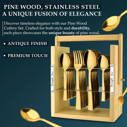 25-Piece Moonpress Stainless Steel Cutlery Set | 6 Tea Spoons, 6 Table Spoons, 6 Forks, 6 Dinner Spoons - Stylish Wooden Stand for Dining