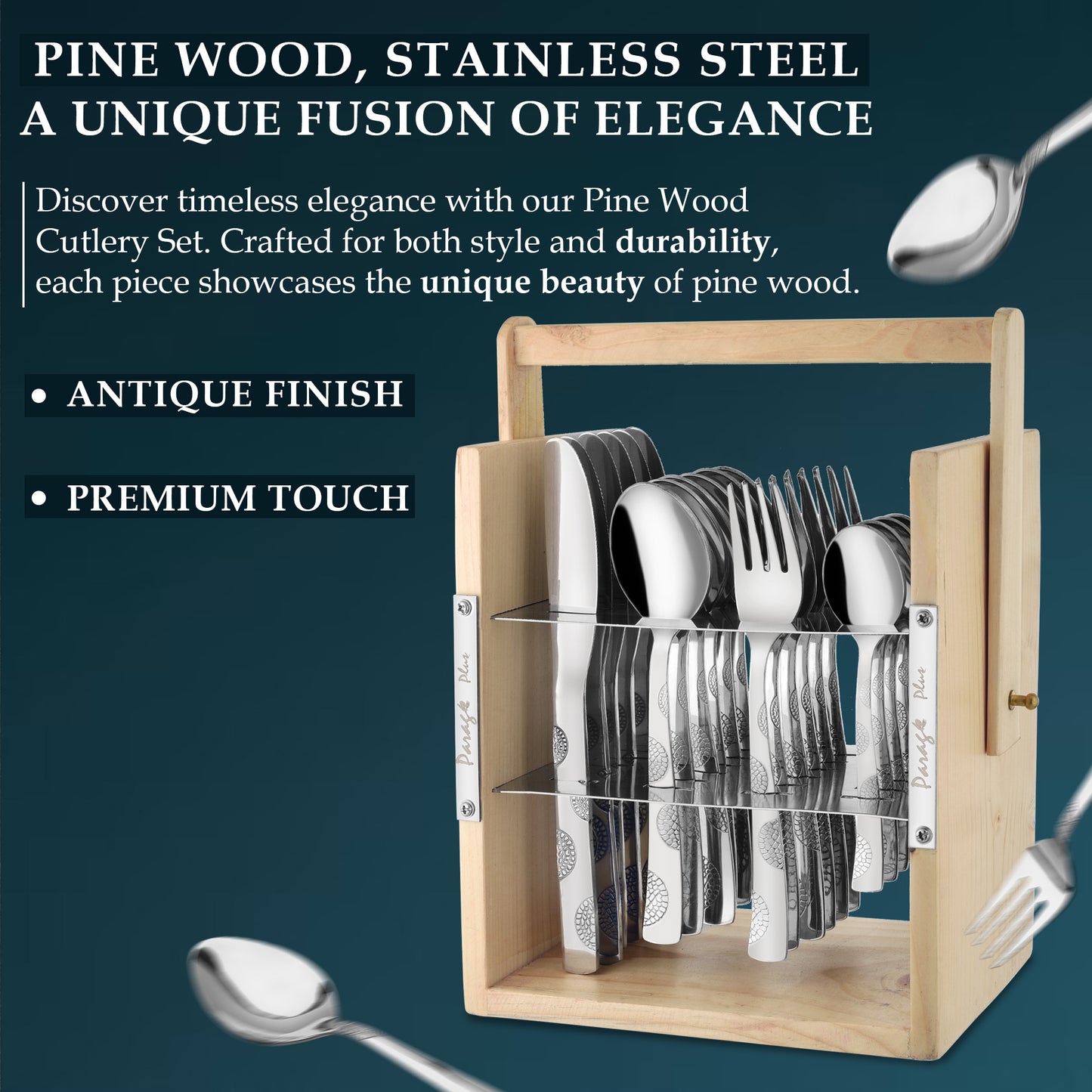25-Piece Moonpress Stainless Steel Cutlery Set with Wooden Stand – Includes Forks, Spoons, Knives & Tea Spoons for Stylish Dining