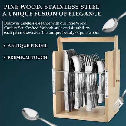 25-Piece Moonpress Stainless Steel Cutlery Set with Wooden Stand – Includes Forks, Spoons, Knives & Tea Spoons for Stylish Dining