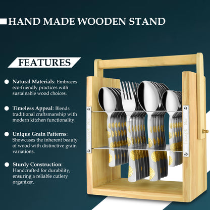 25-Piece Stainless Steel Cutlery Set with Wooden Stand | 24k Gold Plated Spoons & Forks